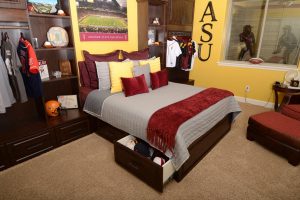 Child Space - Platform bed with drawers and built-in shelves with hanging rods