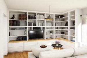 Entertainment - White L-shape wall unit with drawers and open shelves