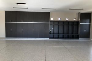 Garage Cabinets - 2 tone gray with lockers and bench
