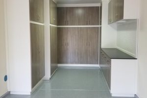 Garage Cabinets and Workbench - 2 tone Cashmere and White with epoxy floor