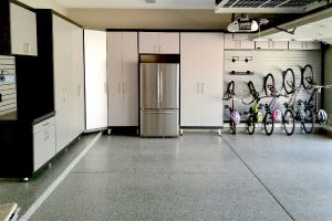 Garage-Cabinets-and-Workbench---2-tone-black-and-silver-with-epoxy,-overhead-storage,-and-bike-racks