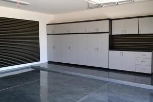 Garage Cabinets and Workbench - 2 tone black and silver with slat wall