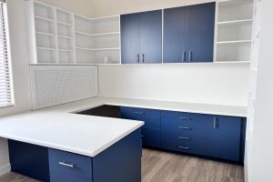 Blue and White Craft Room Cabinetry
