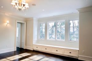 Mudroom and Seating - White bench seat under window with drawers