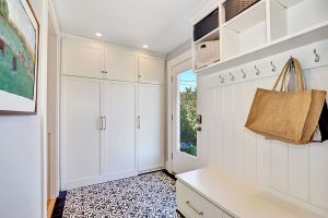 Mudroom and Seating - White entryway bench with hooks and drawers