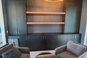 Elegant Black Bar with Wood Shelving