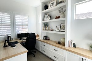 Stunning White Home Office with Wood Countertop 3
