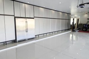 Large Silver and Black Garage Cabinetry Run with Legs